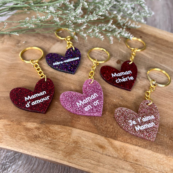 Porte-clés maman coeur pailleté