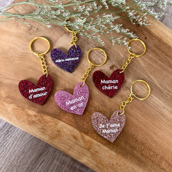 Porte-clés maman coeur pailleté